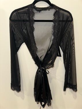 Hustler Hollywood Black Sheer Lace Tie-Front Robe